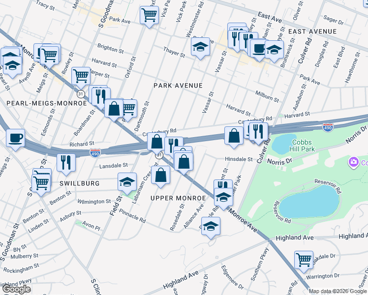 map of restaurants, bars, coffee shops, grocery stores, and more near 55 Luzerne Street in Rochester
