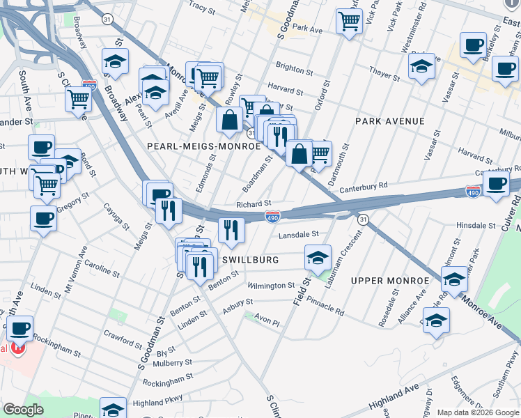map of restaurants, bars, coffee shops, grocery stores, and more near 84 Allmeroth Street in Rochester