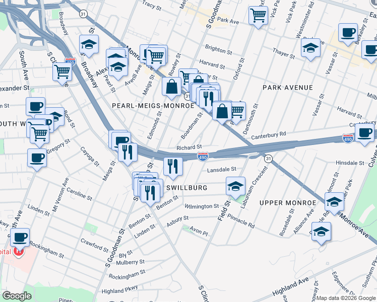 map of restaurants, bars, coffee shops, grocery stores, and more near 84 Allmeroth Street in Rochester