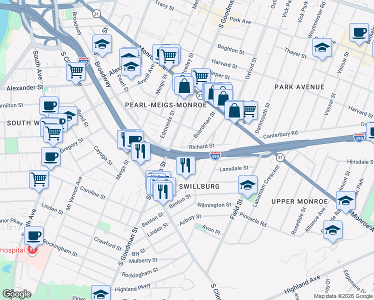 map of restaurants, bars, coffee shops, grocery stores, and more near 82 Bloomfield Place in Rochester