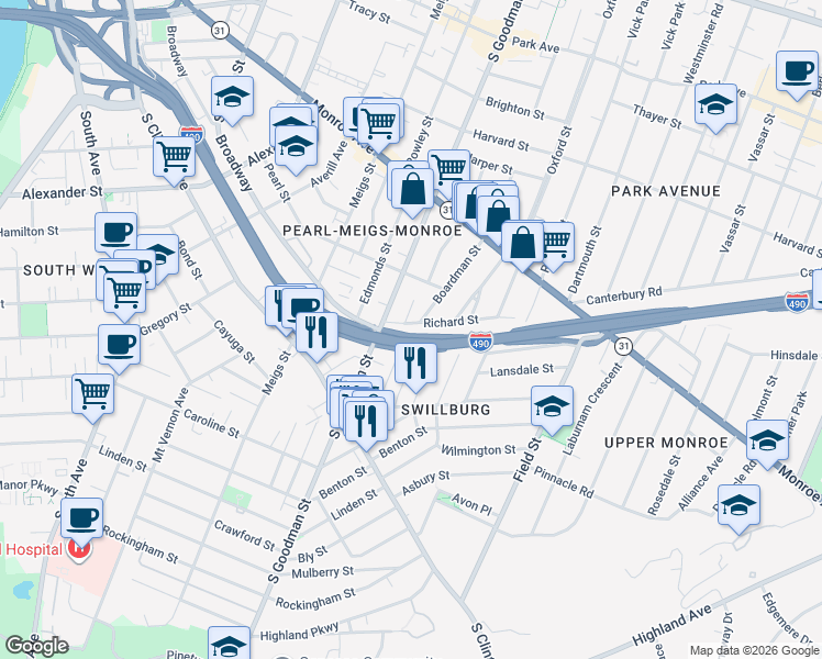 map of restaurants, bars, coffee shops, grocery stores, and more near 82 Bloomfield Place in Rochester