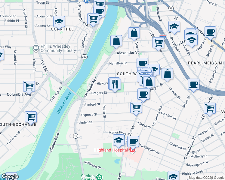 map of restaurants, bars, coffee shops, grocery stores, and more near 164 Ashland Street in Rochester