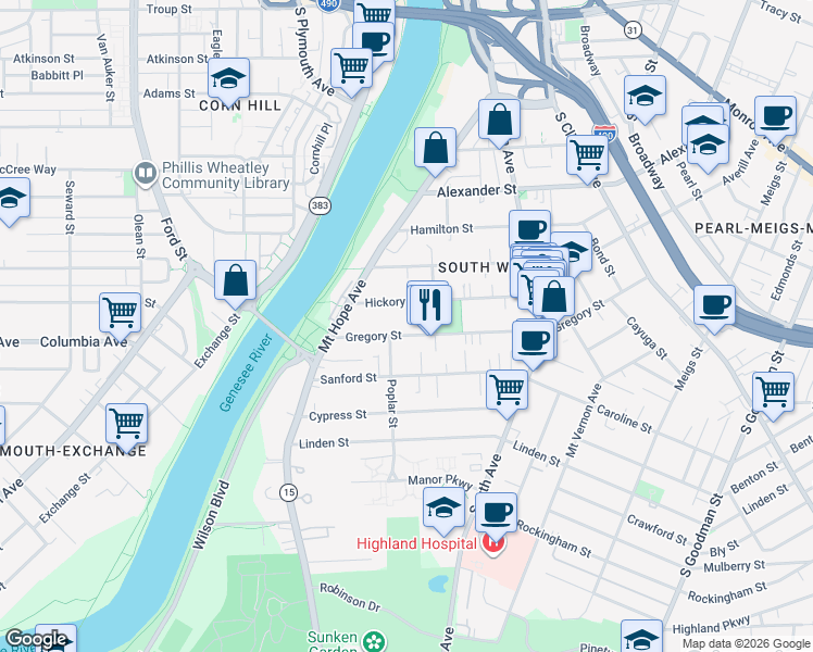map of restaurants, bars, coffee shops, grocery stores, and more near 91 Gregory Street in Rochester