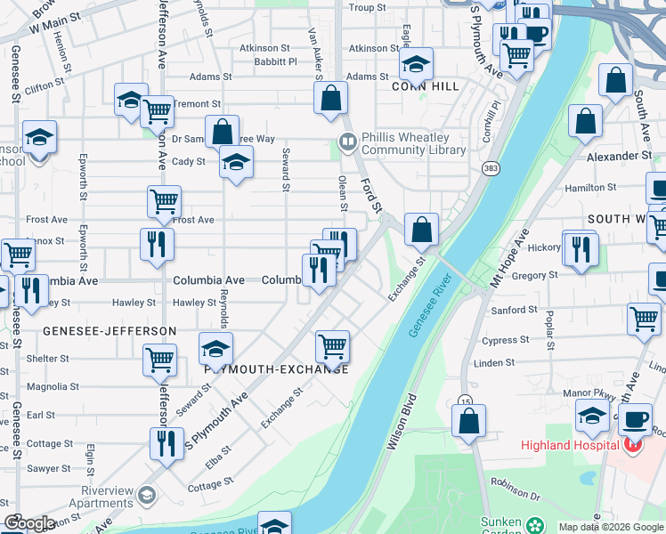 map of restaurants, bars, coffee shops, grocery stores, and more near 734 New York 383 in Rochester