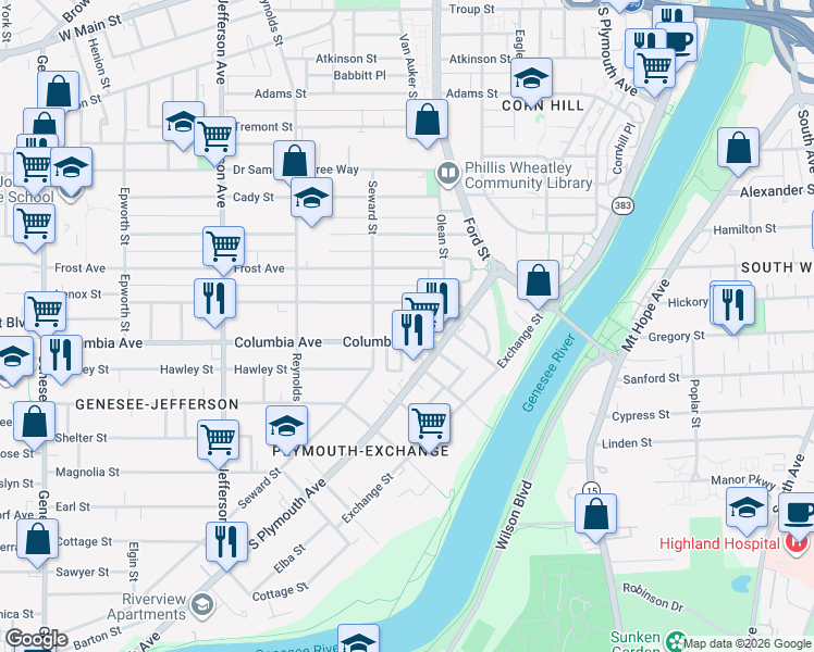 map of restaurants, bars, coffee shops, grocery stores, and more near 61 Columbia Avenue in Rochester