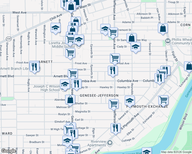 map of restaurants, bars, coffee shops, grocery stores, and more near 433 Columbia Avenue in Rochester