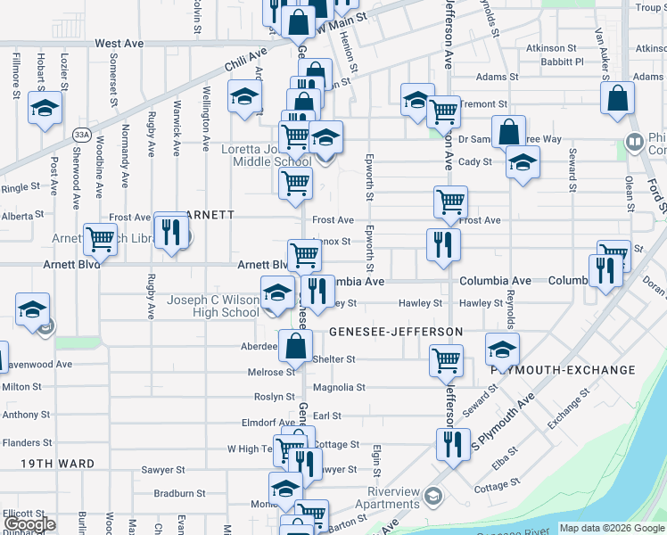 map of restaurants, bars, coffee shops, grocery stores, and more near 487 Columbia Avenue in Rochester