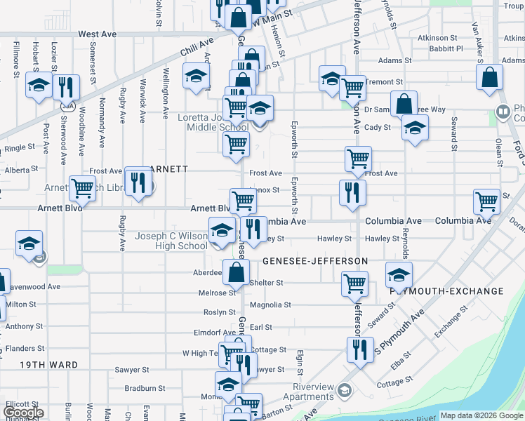 map of restaurants, bars, coffee shops, grocery stores, and more near 539 Columbia Avenue in Rochester
