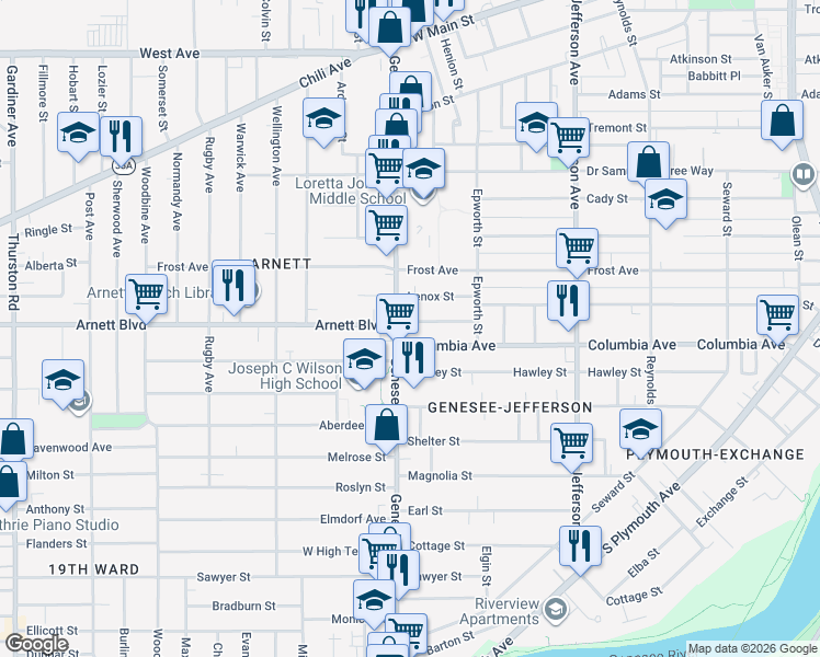 map of restaurants, bars, coffee shops, grocery stores, and more near 539 Columbia Avenue in Rochester