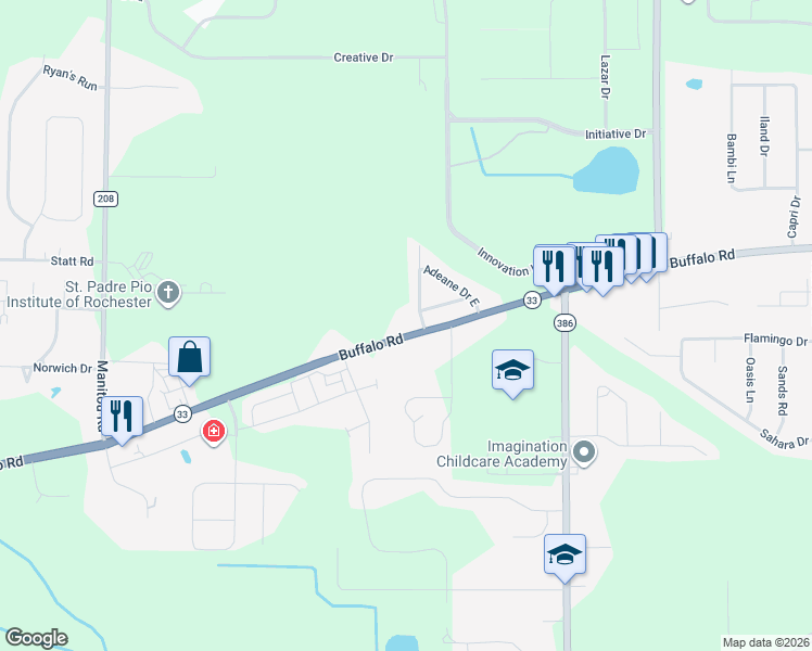 map of restaurants, bars, coffee shops, grocery stores, and more near 3321 Buffalo Road in Rochester