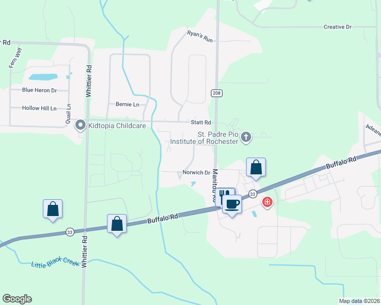 map of restaurants, bars, coffee shops, grocery stores, and more near 62 Norwich Drive in Rochester