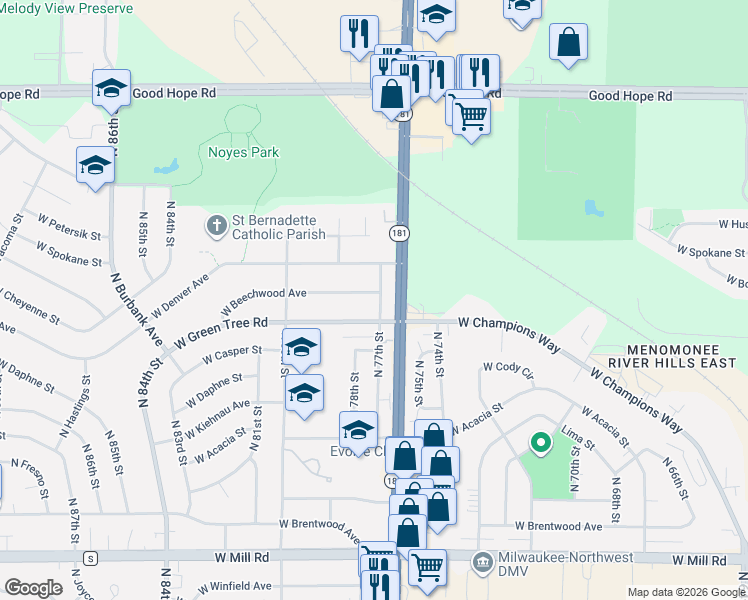 map of restaurants, bars, coffee shops, grocery stores, and more near in Milwaukee