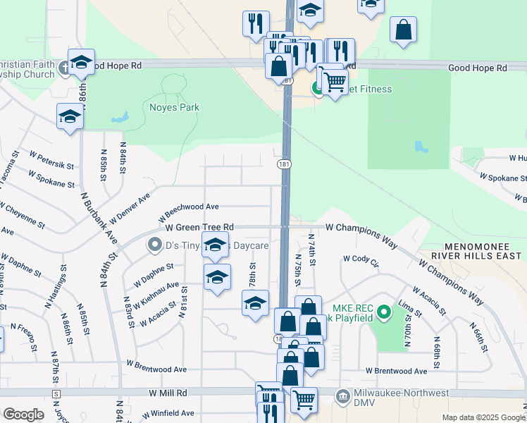map of restaurants, bars, coffee shops, grocery stores, and more near in Milwaukee