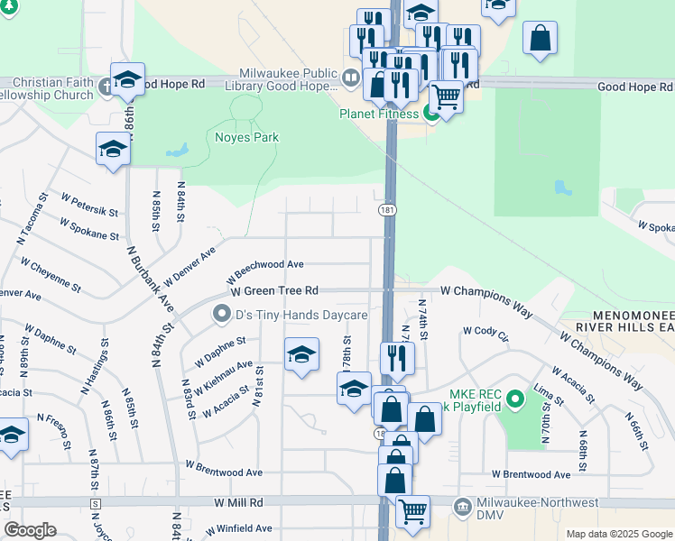 map of restaurants, bars, coffee shops, grocery stores, and more near 7812 West Green Tree Road in Milwaukee