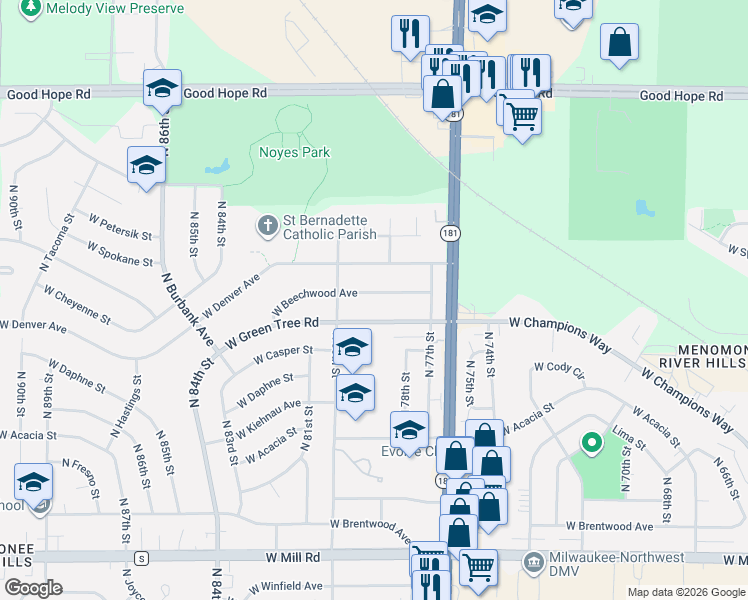 map of restaurants, bars, coffee shops, grocery stores, and more near 7908 West Green Tree Road in Milwaukee