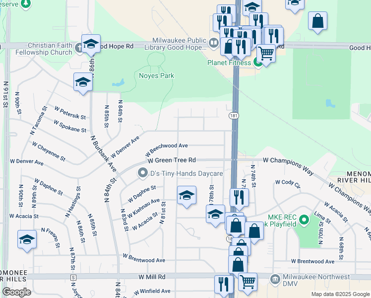 map of restaurants, bars, coffee shops, grocery stores, and more near 7908 West Green Tree Road in Milwaukee