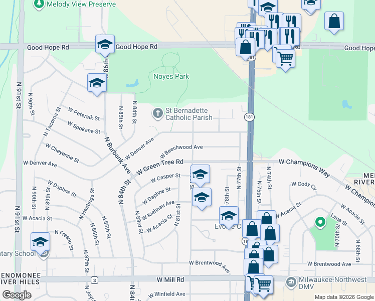 map of restaurants, bars, coffee shops, grocery stores, and more near 8010 West Green Tree Road in Milwaukee