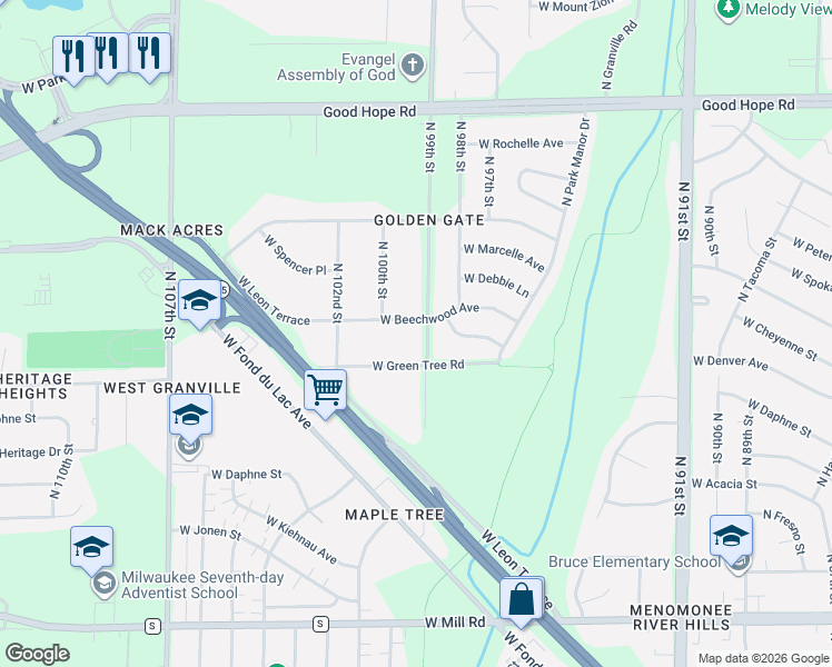 map of restaurants, bars, coffee shops, grocery stores, and more near 9828 West Green Tree Road in Milwaukee