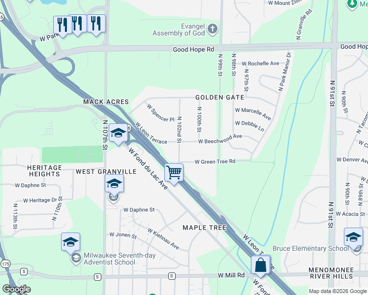 map of restaurants, bars, coffee shops, grocery stores, and more near 10100 West Green Tree Road in Milwaukee