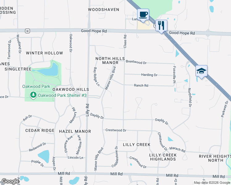 map of restaurants, bars, coffee shops, grocery stores, and more near N68W13743 Bay Ridge Court in Menomonee Falls