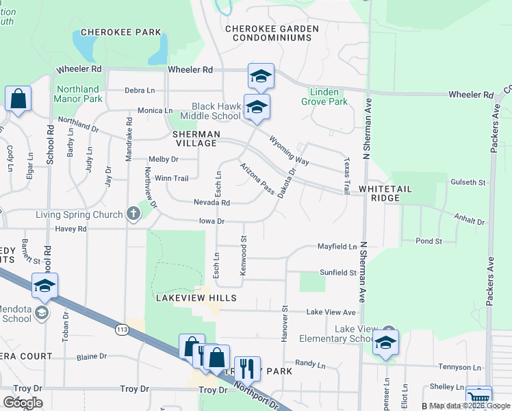 map of restaurants, bars, coffee shops, grocery stores, and more near 1506 Iowa Drive in Madison