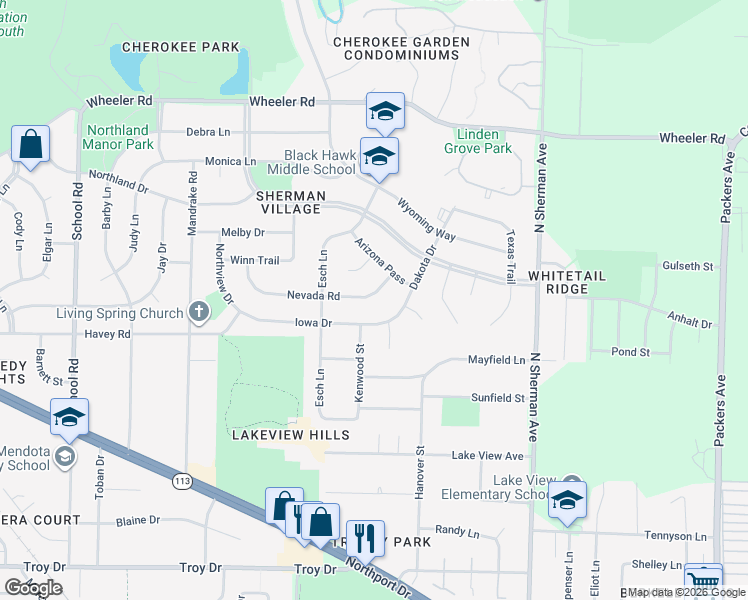 map of restaurants, bars, coffee shops, grocery stores, and more near 1506 Iowa Drive in Madison