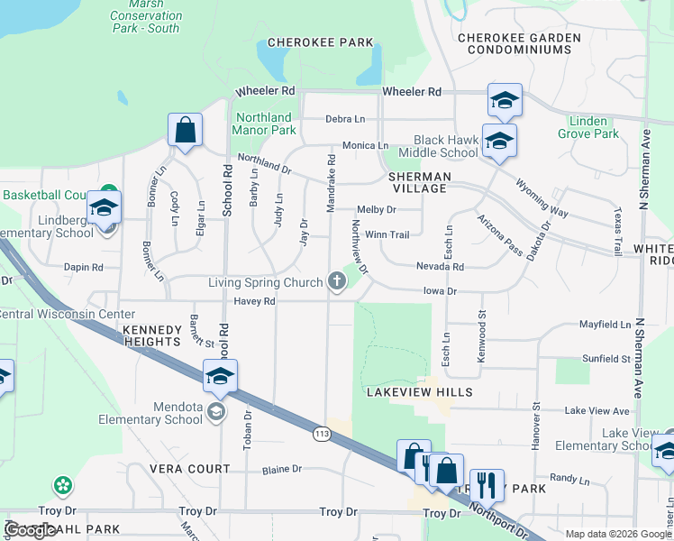 map of restaurants, bars, coffee shops, grocery stores, and more near 4301 Mandrake Road in Madison