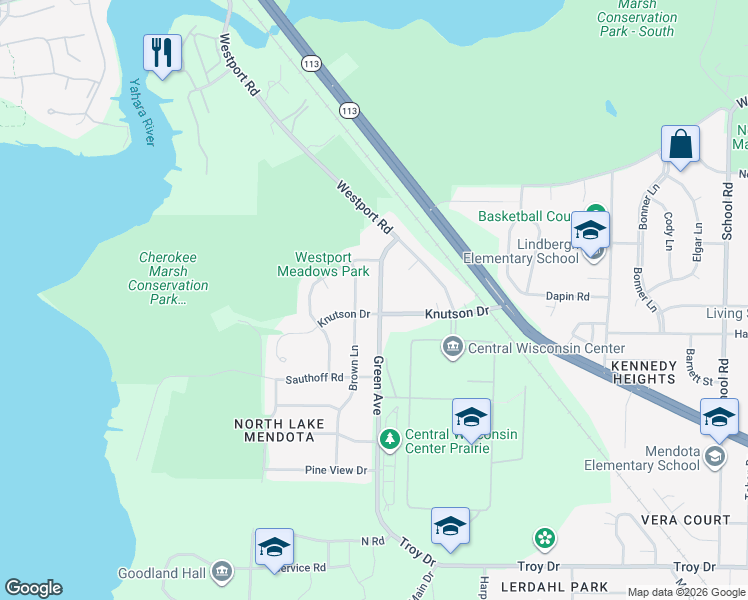 map of restaurants, bars, coffee shops, grocery stores, and more near 121 Knutson Drive in Madison