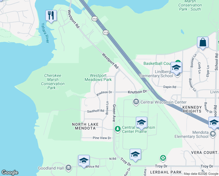 map of restaurants, bars, coffee shops, grocery stores, and more near 121 Knutson Drive in Madison