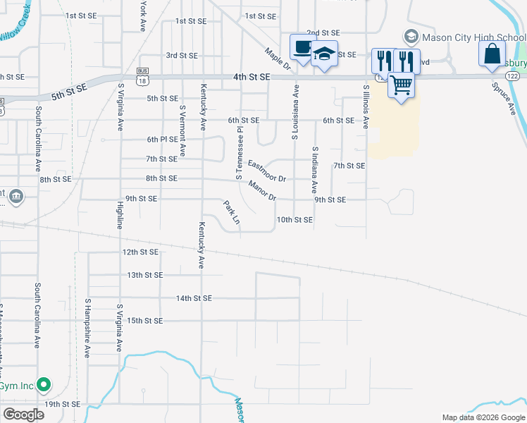 map of restaurants, bars, coffee shops, grocery stores, and more near 1140 Crestmore Way in Mason City