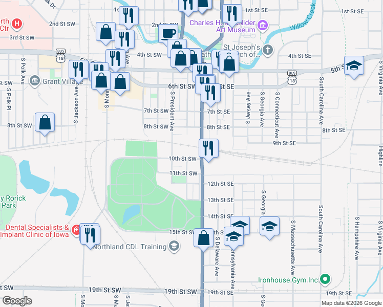 map of restaurants, bars, coffee shops, grocery stores, and more near 1000-1098 South Washington Avenue in Mason City