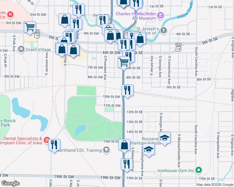 map of restaurants, bars, coffee shops, grocery stores, and more near 1000-1098 South Washington Avenue in Mason City