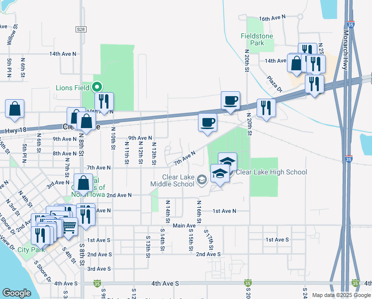 map of restaurants, bars, coffee shops, grocery stores, and more near 30 Shetland Drive in Clear Lake