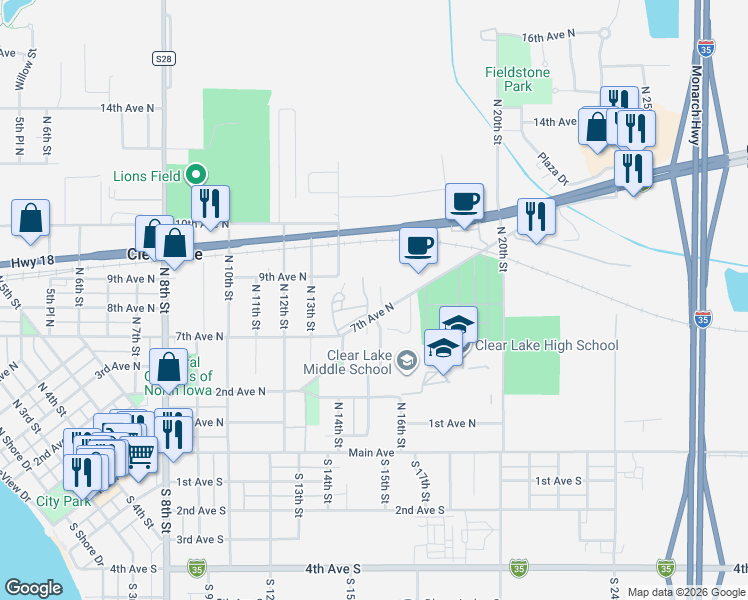 map of restaurants, bars, coffee shops, grocery stores, and more near 30 Shetland Drive in Clear Lake