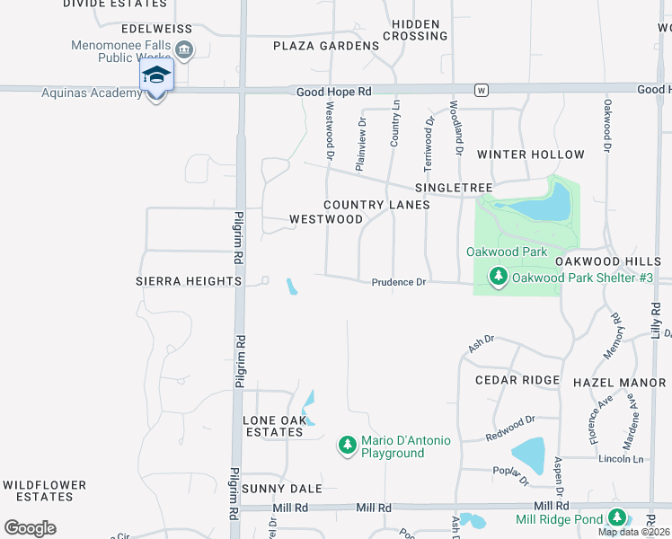 map of restaurants, bars, coffee shops, grocery stores, and more near N68W15199 Prudence Drive in Menomonee Falls