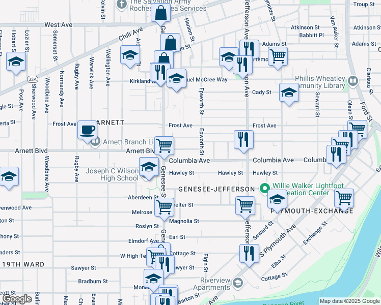 map of restaurants, bars, coffee shops, grocery stores, and more near 487 Columbia Avenue in Rochester