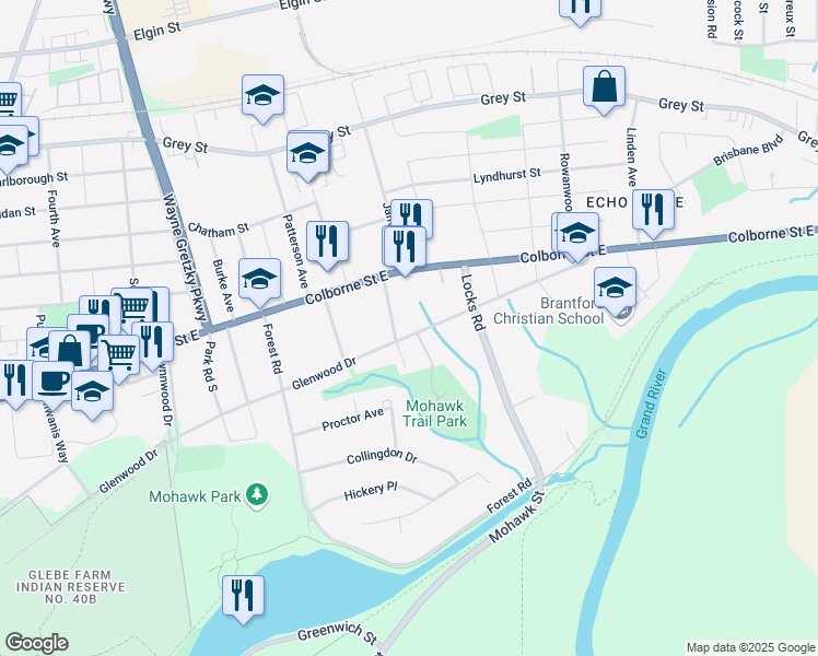 map of restaurants, bars, coffee shops, grocery stores, and more near 25 Echo Villa Avenue in Brantford