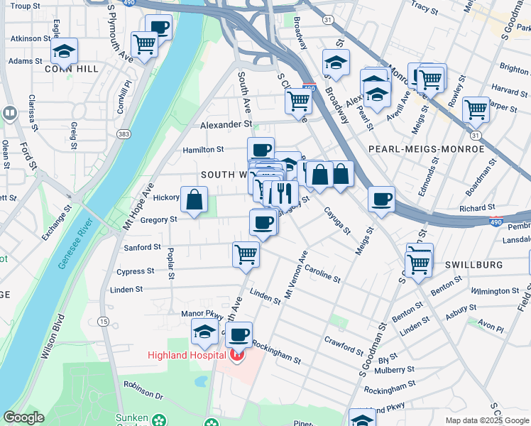 map of restaurants, bars, coffee shops, grocery stores, and more near 663 South Avenue in Rochester