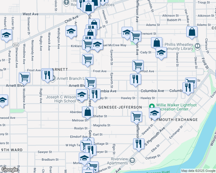 map of restaurants, bars, coffee shops, grocery stores, and more near 487 Columbia Avenue in Rochester
