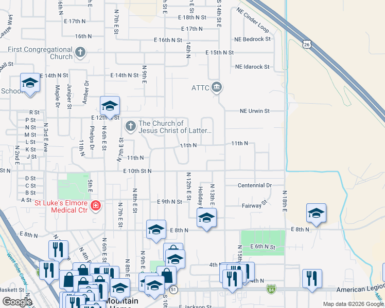 map of restaurants, bars, coffee shops, grocery stores, and more near 1240 East 10th North in Mountain Home