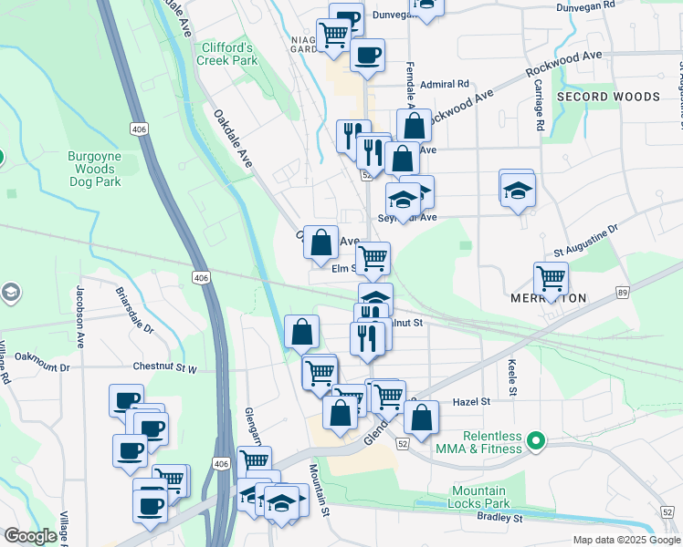 map of restaurants, bars, coffee shops, grocery stores, and more near 18 Elm Street in St. Catharines