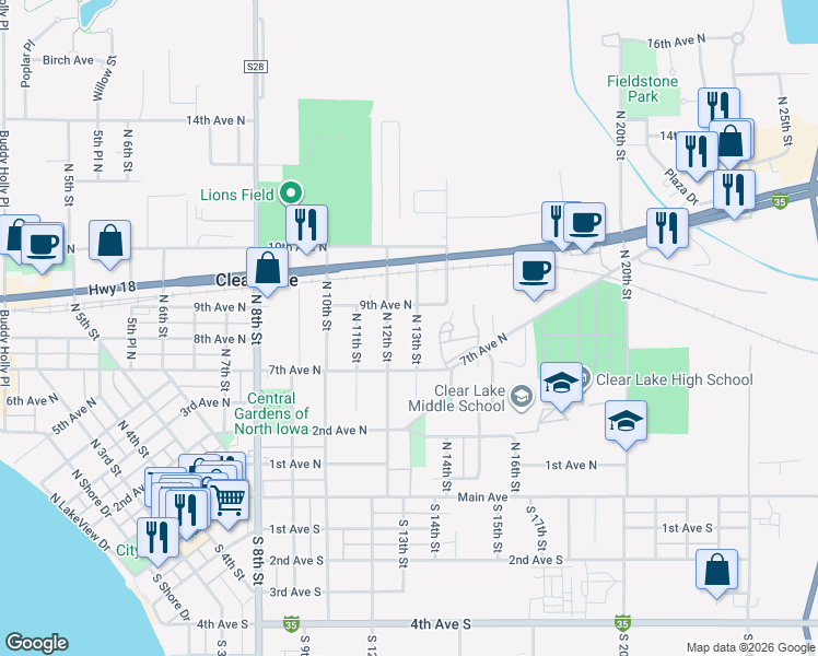 map of restaurants, bars, coffee shops, grocery stores, and more near 708 N 12th St in Clear Lake
