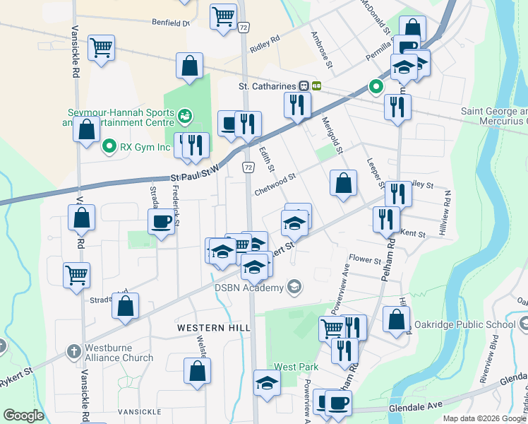 map of restaurants, bars, coffee shops, grocery stores, and more near 20 Weston Road in St. Catharines