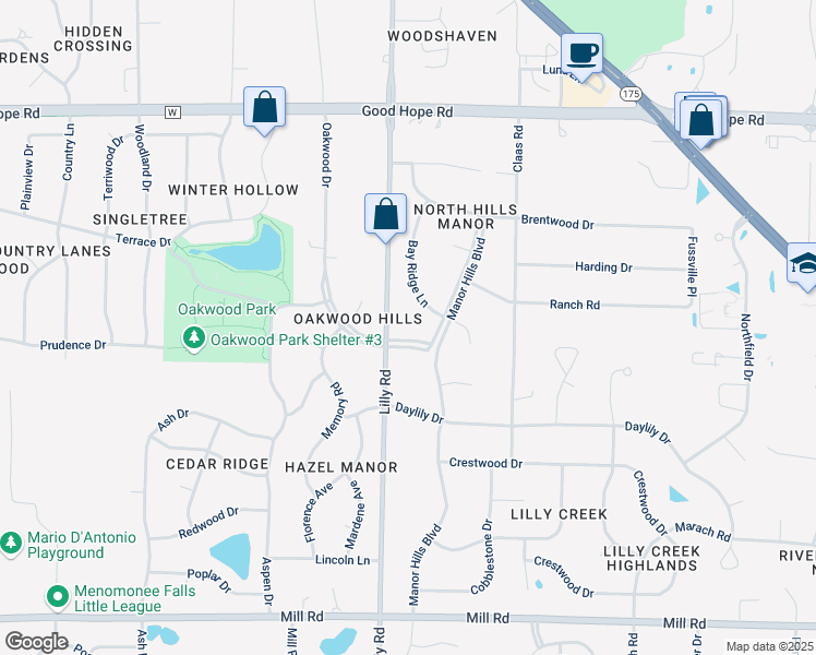 map of restaurants, bars, coffee shops, grocery stores, and more near N68W13955 Oakwood Drive in Menomonee Falls