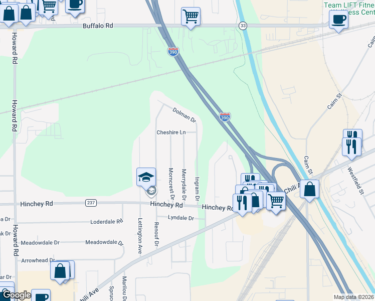 map of restaurants, bars, coffee shops, grocery stores, and more near 16 Merrydale Drive in Rochester