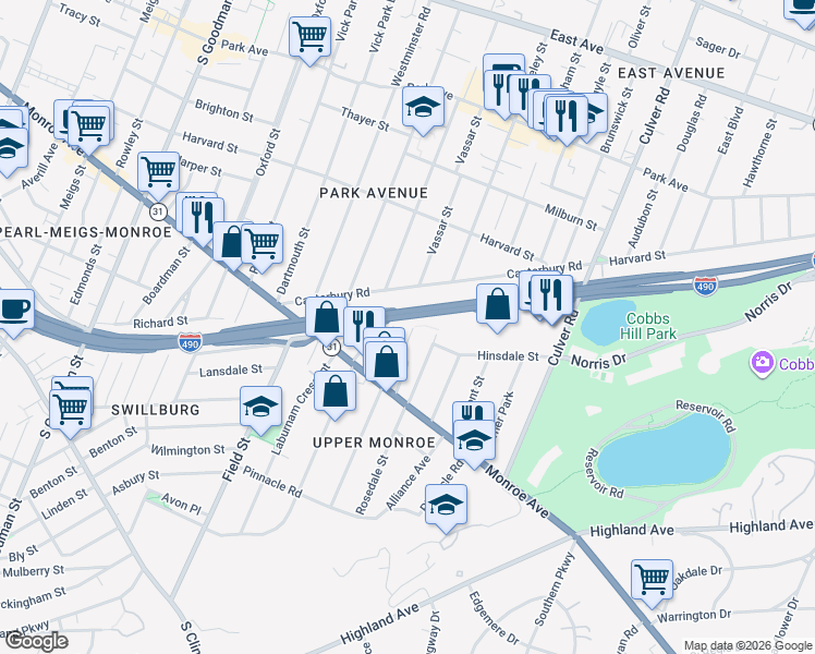 map of restaurants, bars, coffee shops, grocery stores, and more near 307 Rosedale Street in Rochester