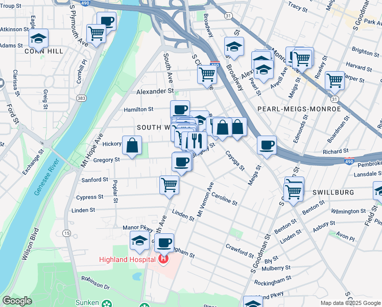 map of restaurants, bars, coffee shops, grocery stores, and more near 700 South Avenue in Rochester