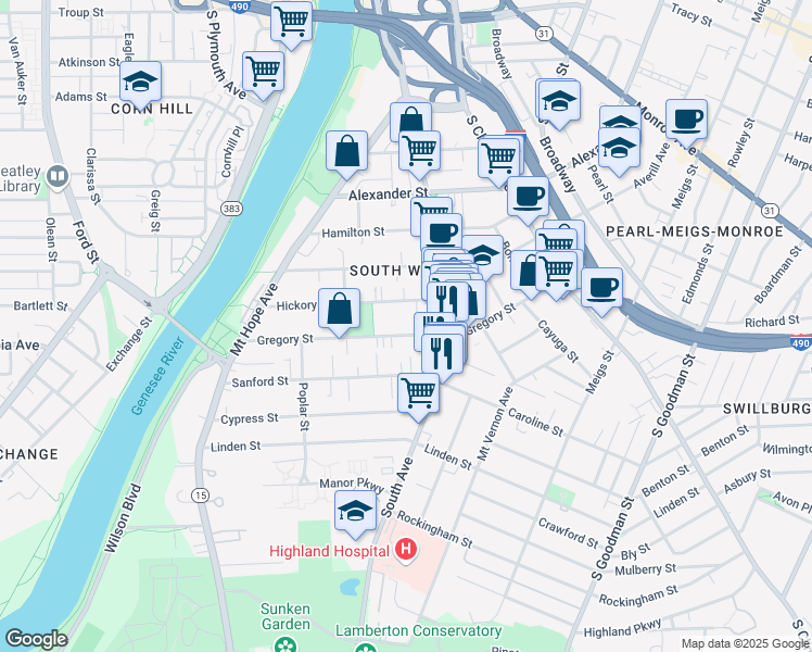 map of restaurants, bars, coffee shops, grocery stores, and more near 197 Gregory Street in Rochester