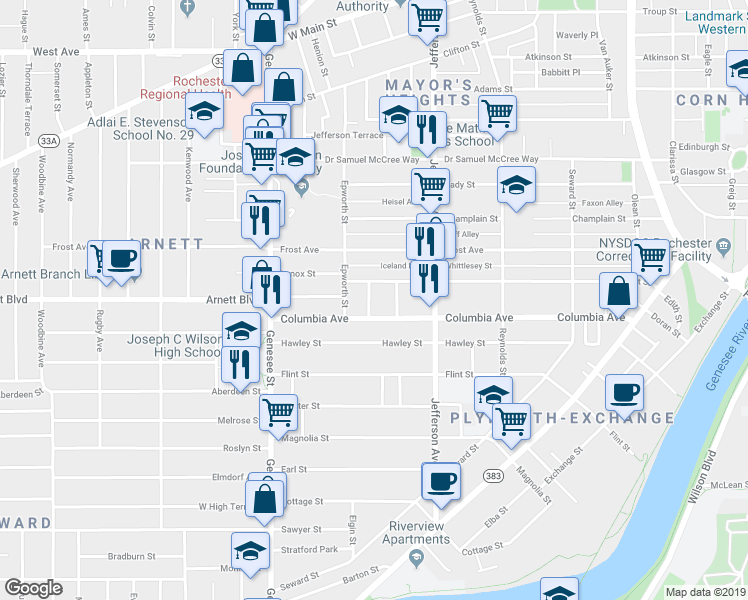 map of restaurants, bars, coffee shops, grocery stores, and more near 385 Columbia Avenue in Rochester