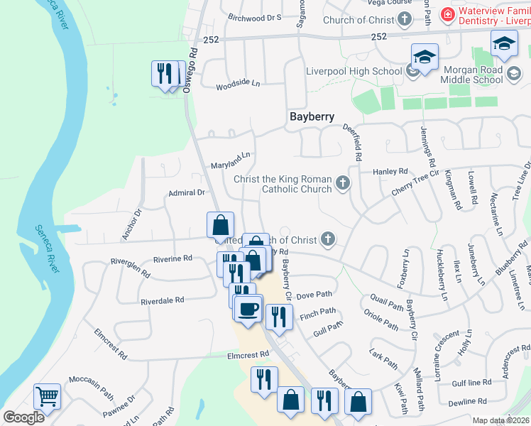 map of restaurants, bars, coffee shops, grocery stores, and more near 14 Apple Tree Lane in Liverpool